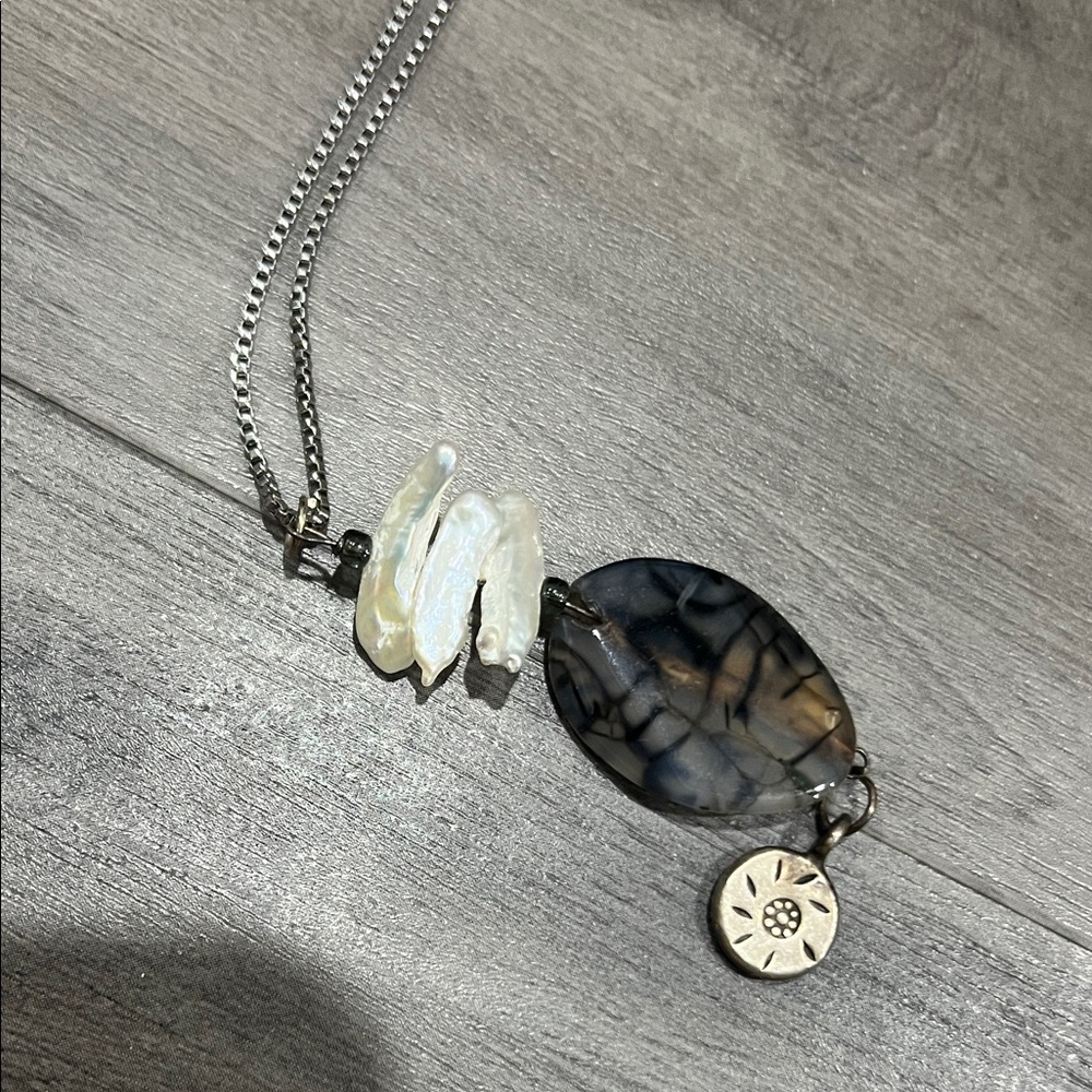 Judith Ripka Pearl and Agate Necklace with Silver Chain